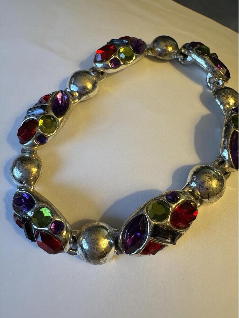 Vintage Women’s Bracelet Links Silver Tone Faux Multicolored Rhinestones Magnet